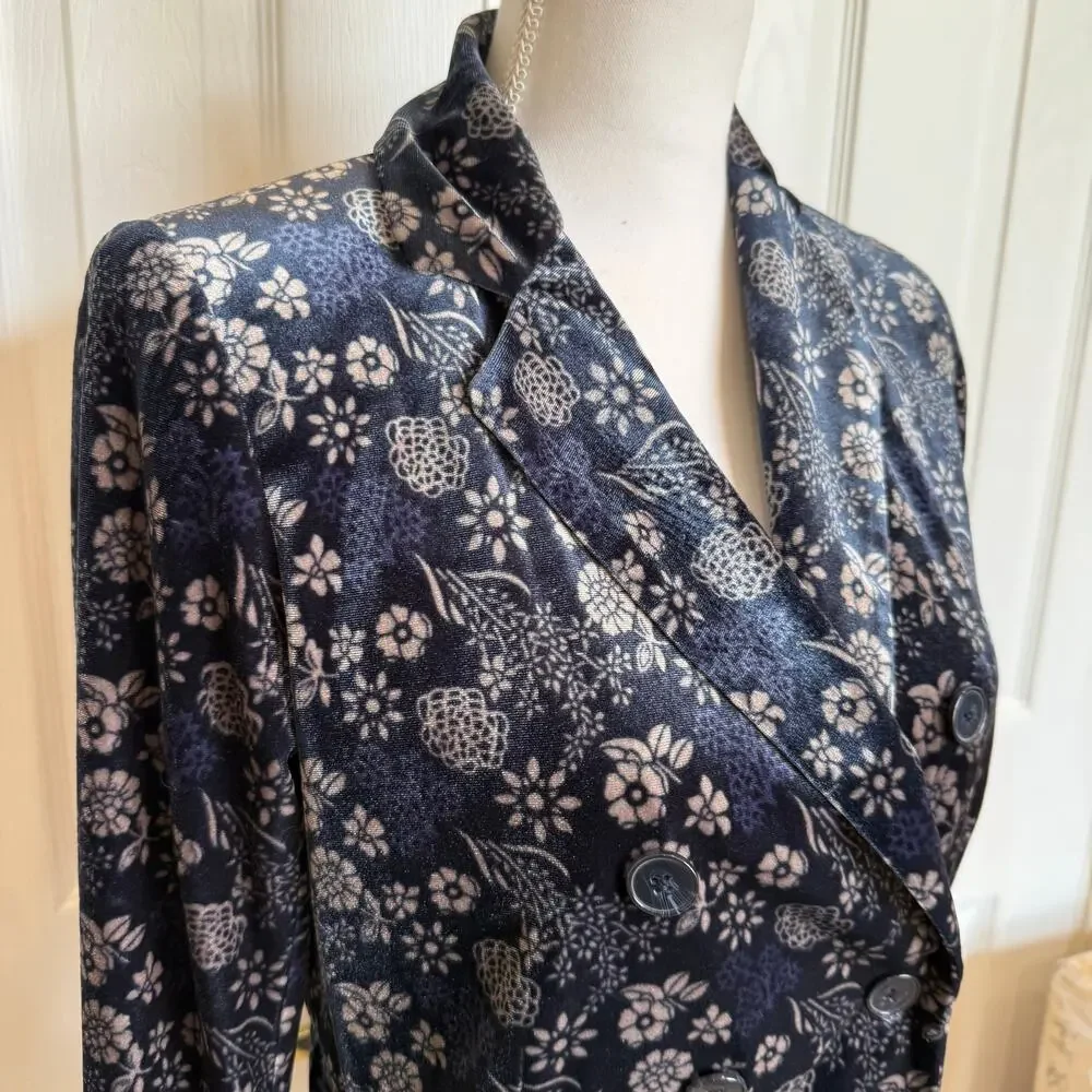 Carolina Belle Montreal Velvet Blazer XS Navy Blue Beige Floral Double Breasted